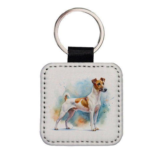 Smooth Fox Terrier Dog Watercolor Style Square Faux Leather Keychain