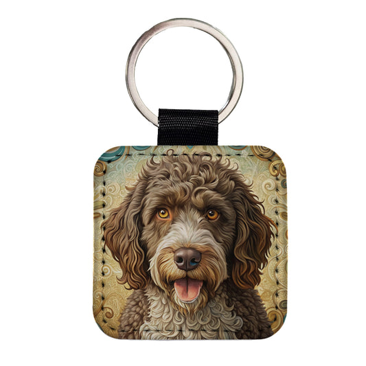 Spanish Water Dog Art Nouveau Square Faux Leather Keychain