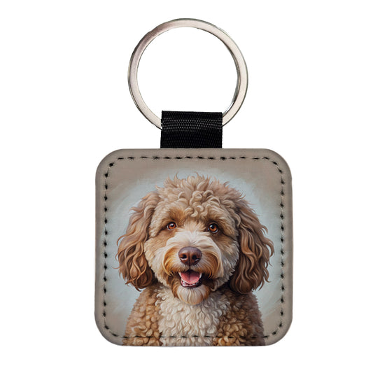 Spanish Water Dog Illustration Square Faux Leather Keychain