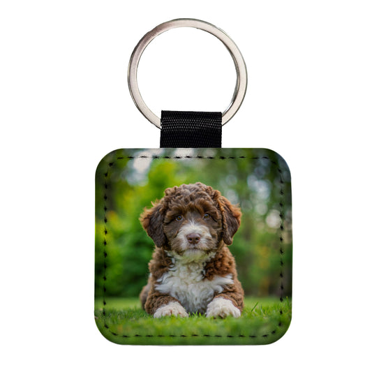 Spanish Water Dog Puppy Photo Square Faux Leather Keychain