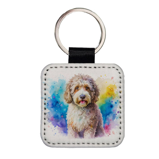 Spanish Water Dog Watercolor Style Square Faux Leather Keychain