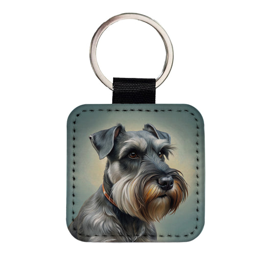 Standard Schnauzer Dog Illustration Square Faux Leather Keychain