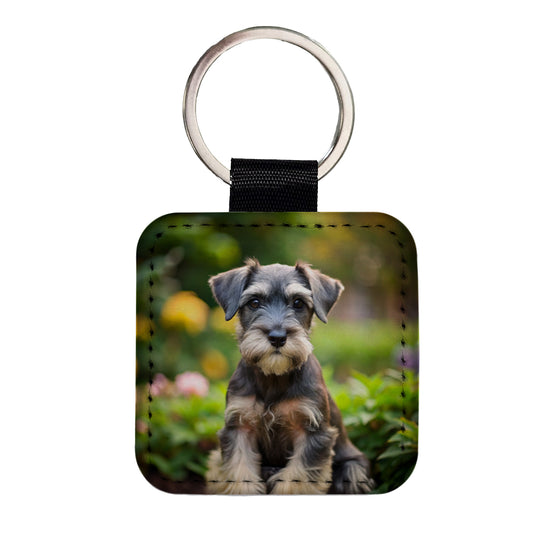 Standard Schnauzer Dog Puppy Photo Square Faux Leather Keychain