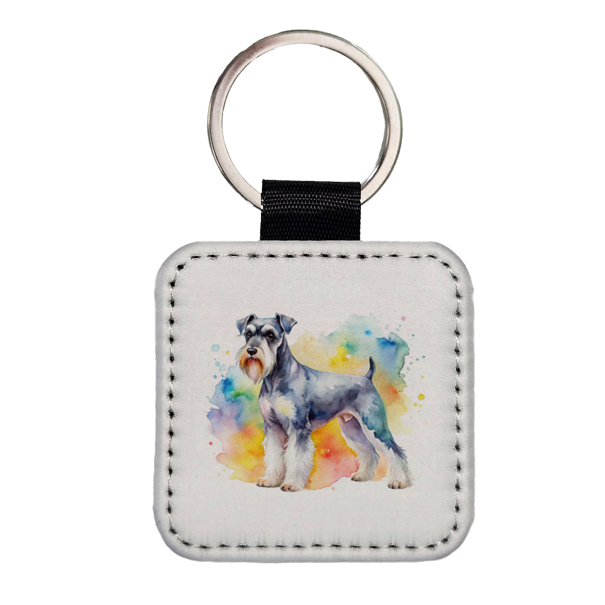 Standard Schnauzer Dog Watercolor Style Square Faux Leather Keychain
