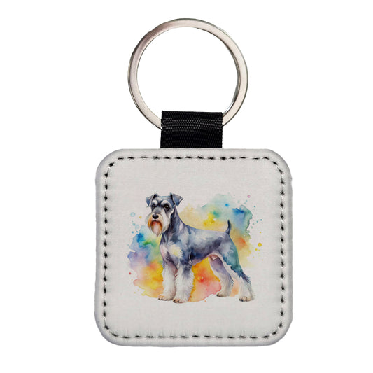 Standard Schnauzer Dog Watercolor Style Square Faux Leather Keychain