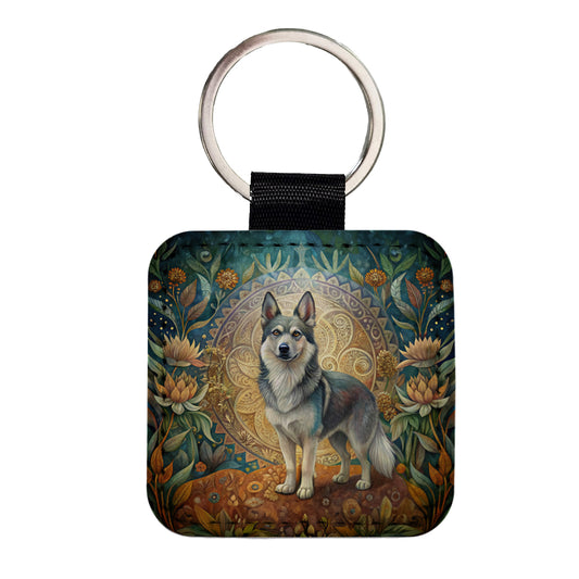 Swedish Vallhund Dog Art Nouveau Square Faux Leather Keychain