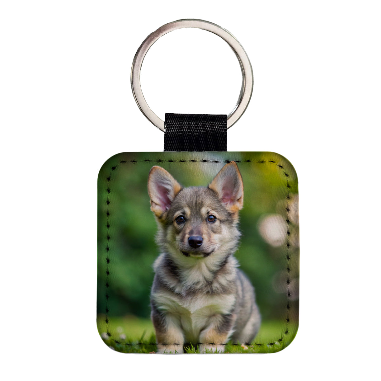 Swedish Vallhund Dog Puppy Photo Square Faux Leather Keychain