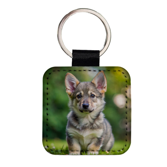 Swedish Vallhund Dog Puppy Photo Square Faux Leather Keychain