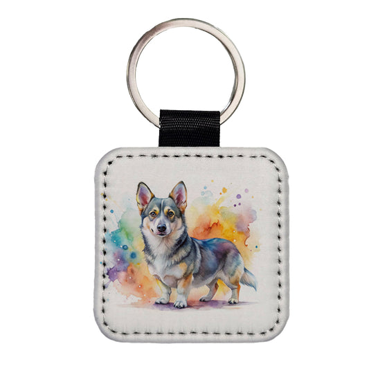Swedish Vallhund Dog Watercolor Style Square Faux Leather Keychain