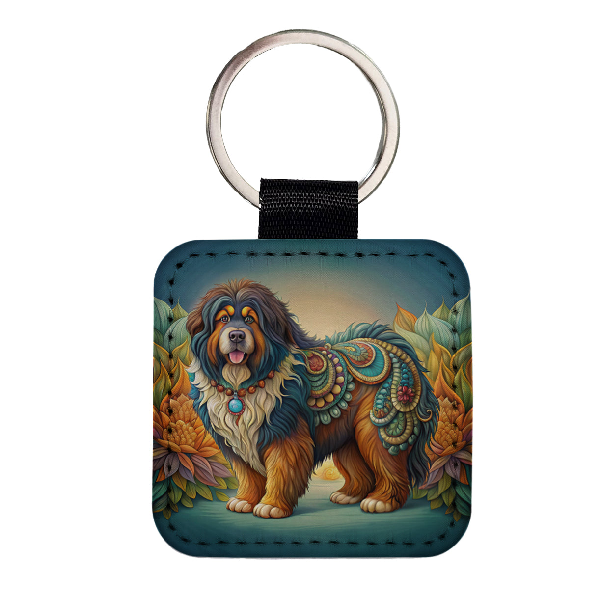 Tibetan Mastiff Dog Art Nouveau Square Faux Leather Keychain
