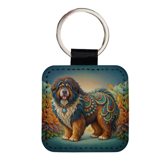Tibetan Mastiff Dog Art Nouveau Square Faux Leather Keychain