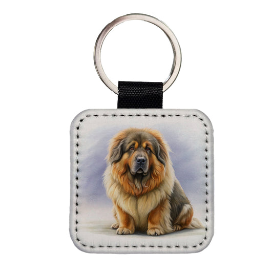 Tibetan Mastiff Dog Illustration Square Faux Leather Keychain
