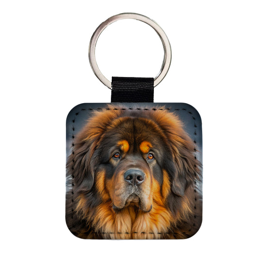 Tibetan Mastiff Dog Photo Square Faux Leather Keychain