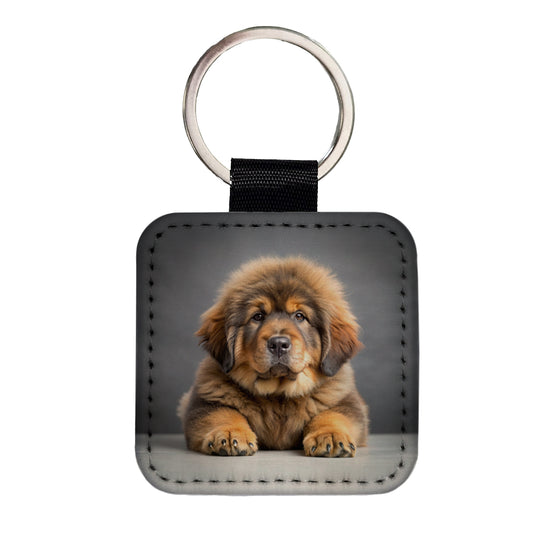 Tibetan Mastiff Dog Puppy Photo Square Faux Leather Keychain
