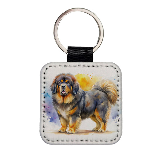 Tibetan Mastiff Dog Watercolor Style Square Faux Leather Keychain