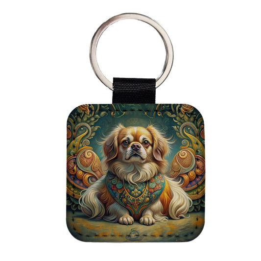 Tibetan Spaniel Dog Art Nouveau Square Faux Leather Keychain