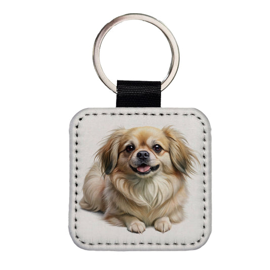 Tibetan Spaniel Dog Illustration Square Faux Leather Keychain
