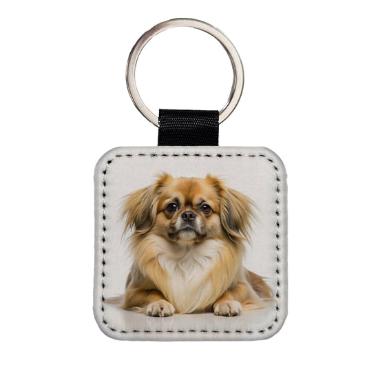 Tibetan Spaniel Dog Photo Square Faux Leather Keychain
