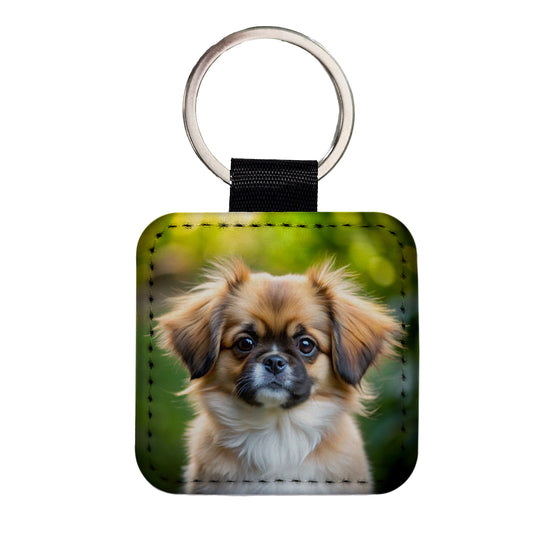 Tibetan Spaniel Dog Puppy Photo Square Faux Leather Keychain