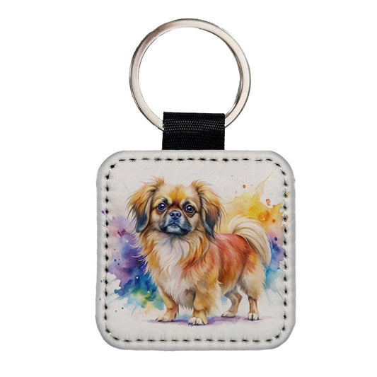 Tibetan Spaniel Dog Watercolor Style Square Faux Leather Keychain