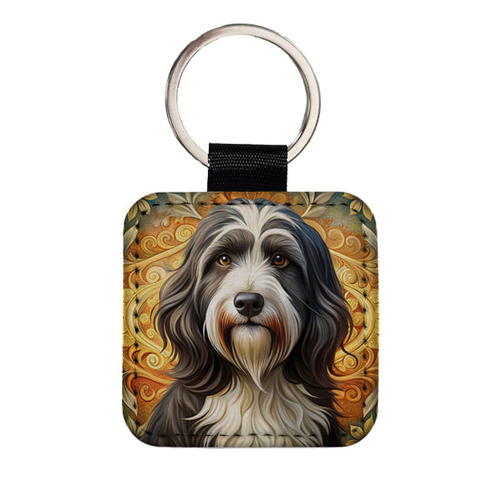 Tibetan Terrier Dog Art Nouveau Square Faux Leather Keychain