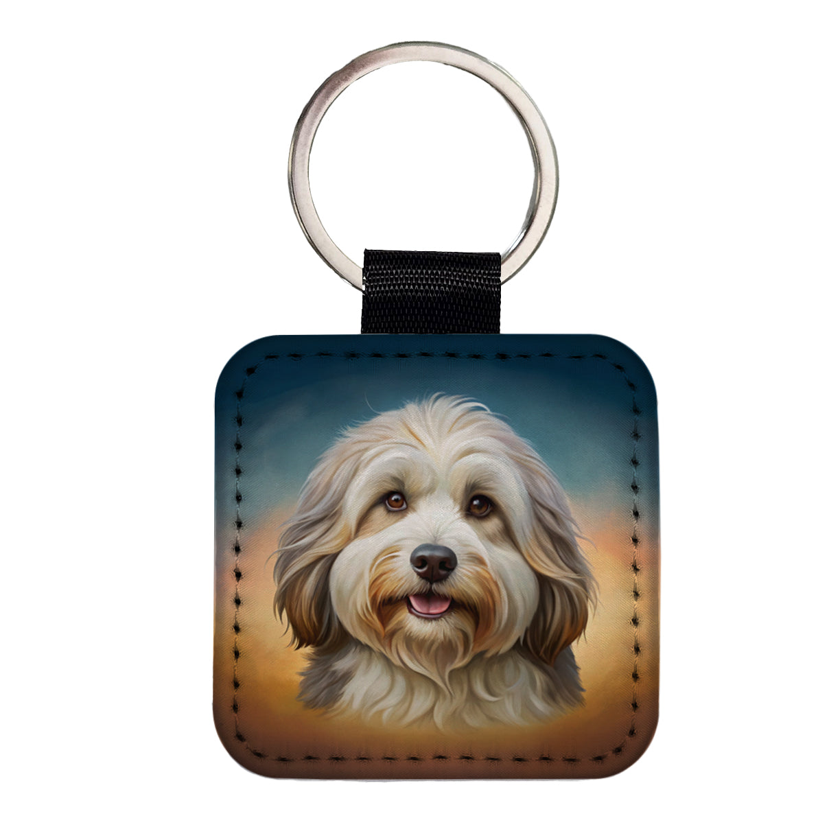 Tibetan Terrier Dog Illustration Square Faux Leather Keychain