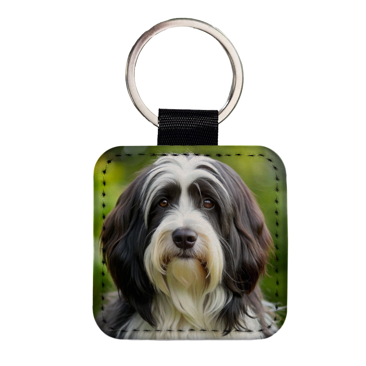 Tibetan Terrier Dog Photo Square Faux Leather Keychain