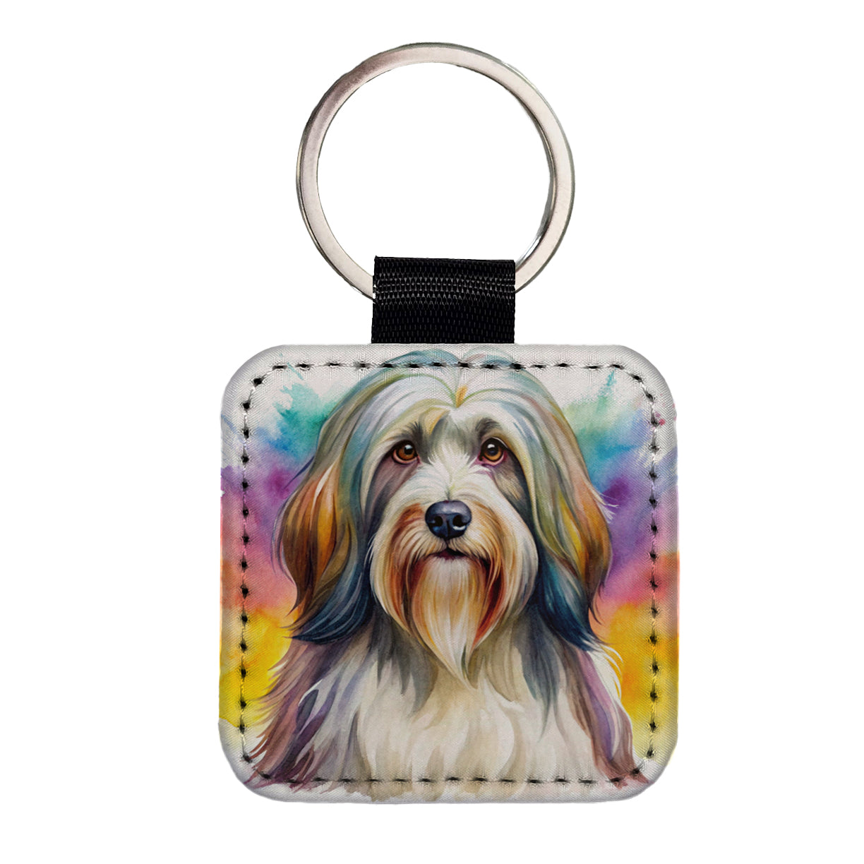 Tibetan Terrier Dog Watercolor Style Square Faux Leather Keychain