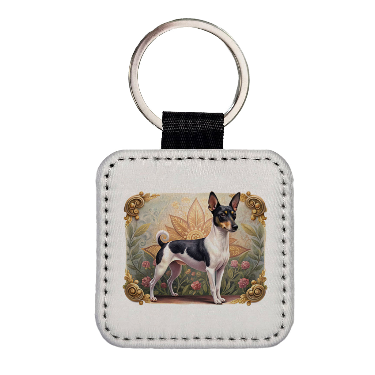 Toy Fox Terrier Dog Art Nouveau Square Faux Leather Keychain