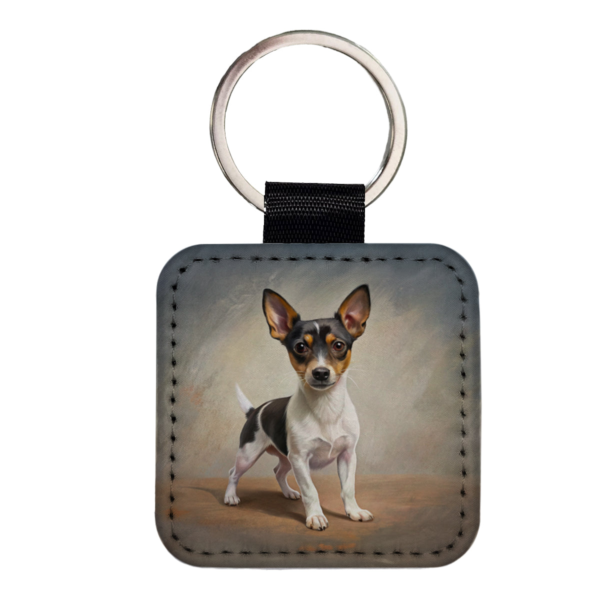 Toy Fox Terrier Dog Illustration Square Faux Leather Keychain