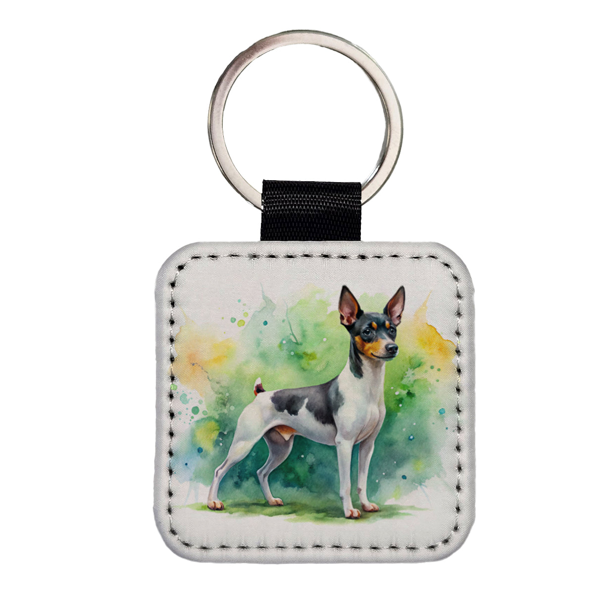 Toy Fox Terrier Dog Watercolor Style Square Faux Leather Keychain