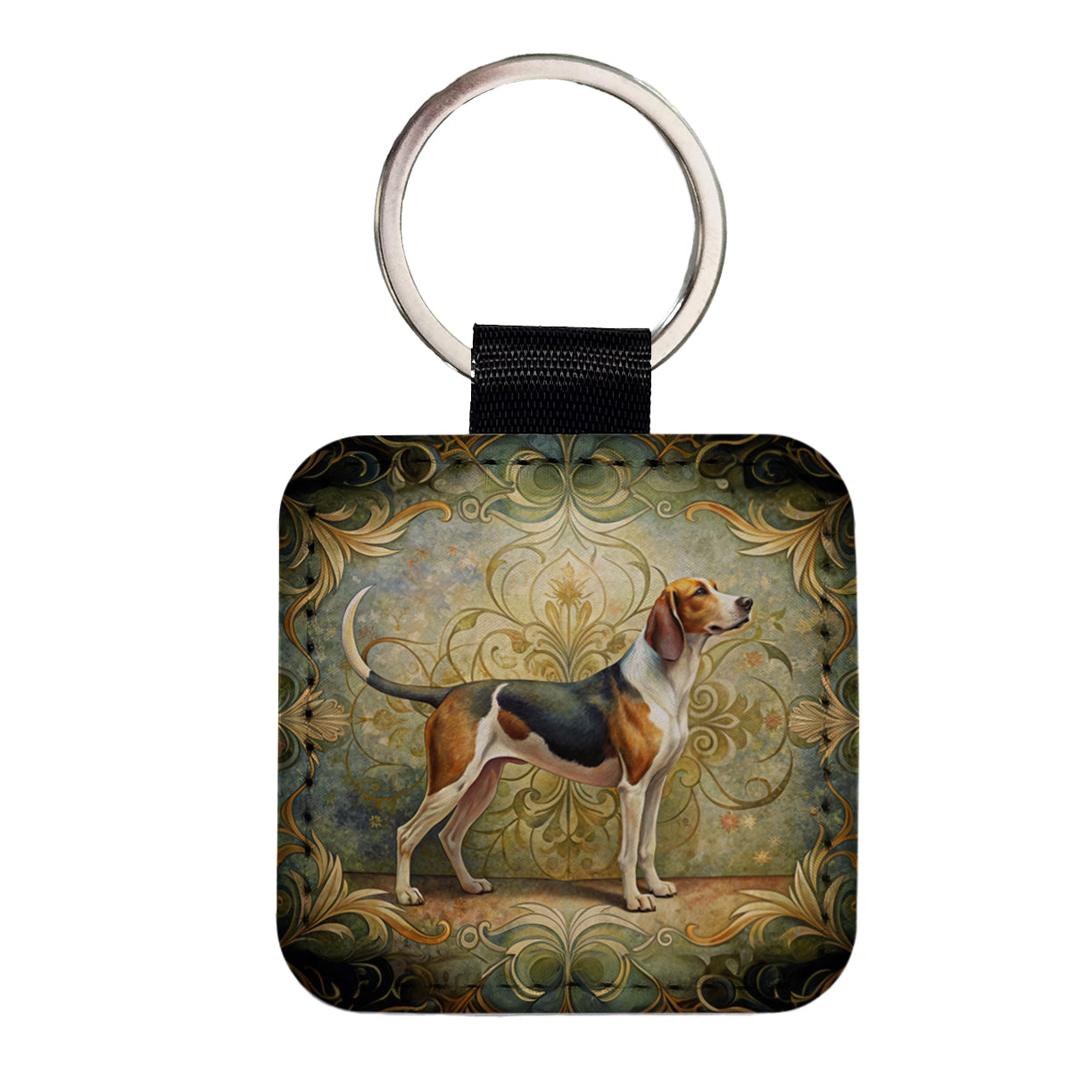 Treeing Walker Coonhound Dog Art Nouveau Square Faux Leather Keychain
