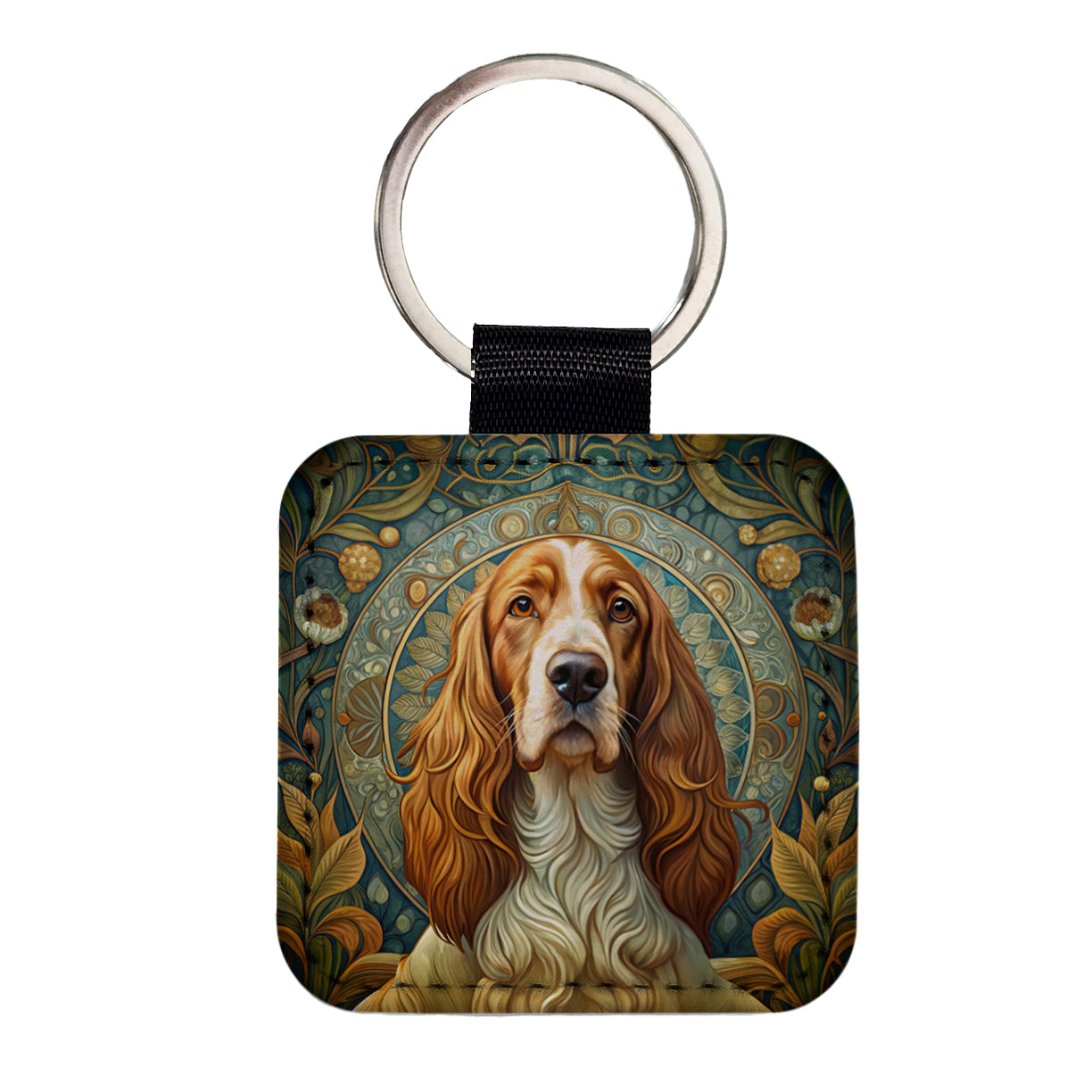 Welsh Springer Spaniel Dog Art Nouveau Square Faux Leather Keychain