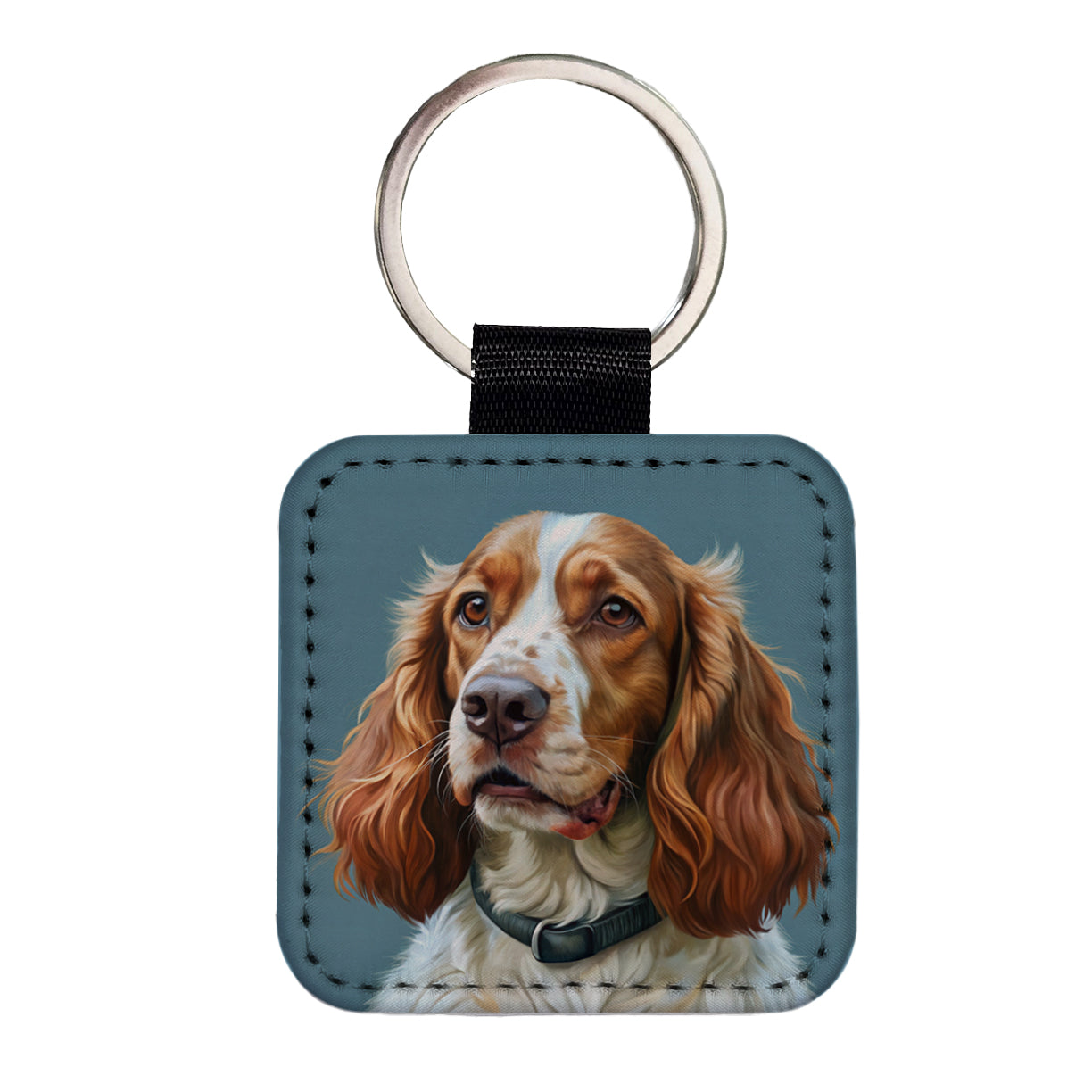 Welsh Springer Spaniel Dog Illustration Square Faux Leather Keychain