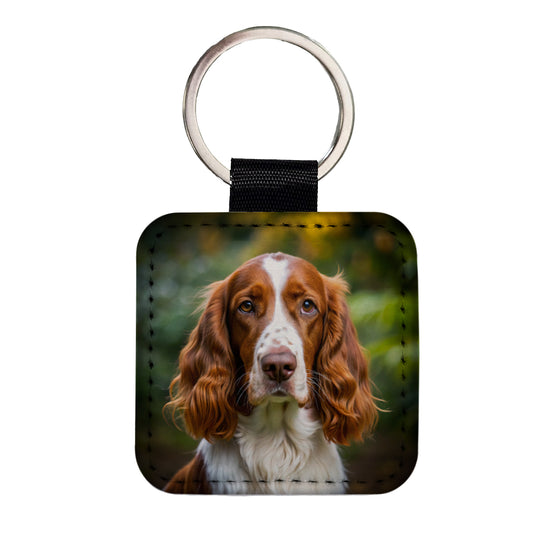 Welsh Springer Spaniel Dog Photo Square Faux Leather Keychain