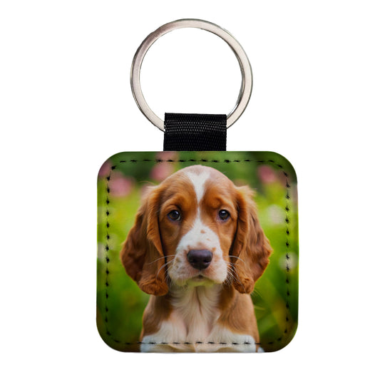 Welsh Springer Spaniel Dog Puppy Photo Square Faux Leather Keychain