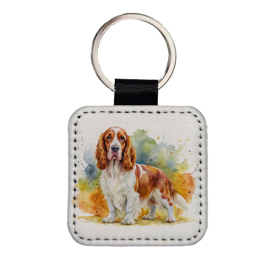 Welsh Springer Spaniel Dog Watercolor Style Square Faux Leather Keychain