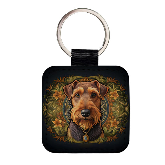 Welsh Terrier Dog Art Nouveau Square Faux Leather Keychain