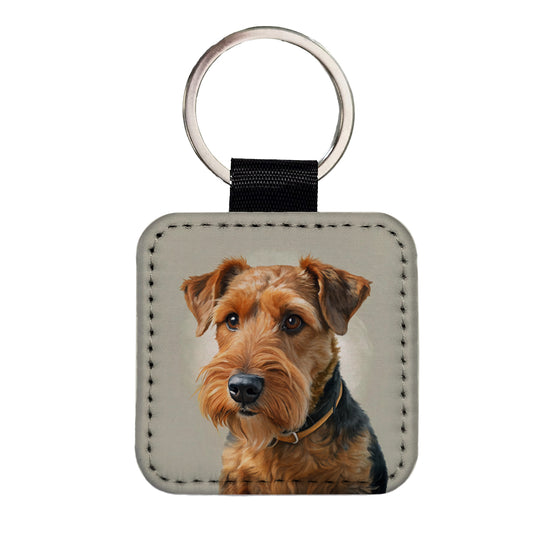 Welsh Terrier Dog Illustration Square Faux Leather Keychain