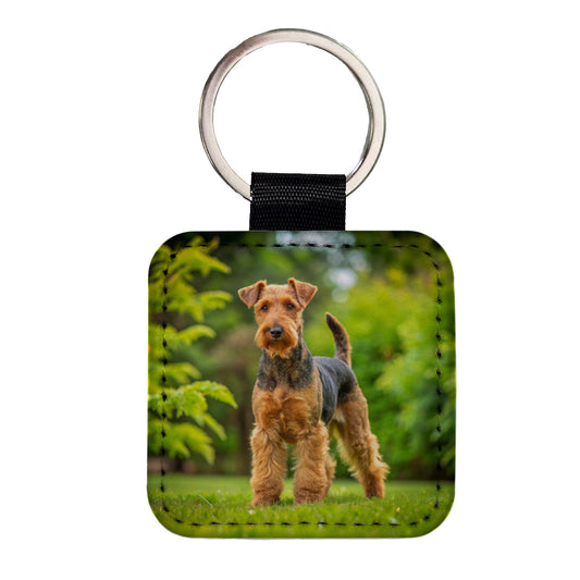 Welsh Terrier Dog Photo Square Faux Leather Keychain