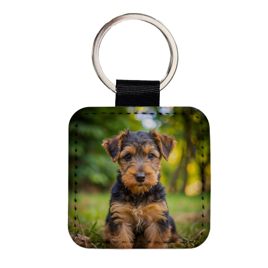 Welsh Terrier Dog Puppy Photo Square Faux Leather Keychain