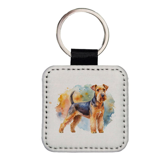 Welsh Terrier Dog Watercolor Style Square Faux Leather Keychain