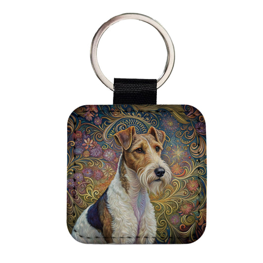 Wire Fox Terrier Dog Art Nouveau Square Faux Leather Keychain