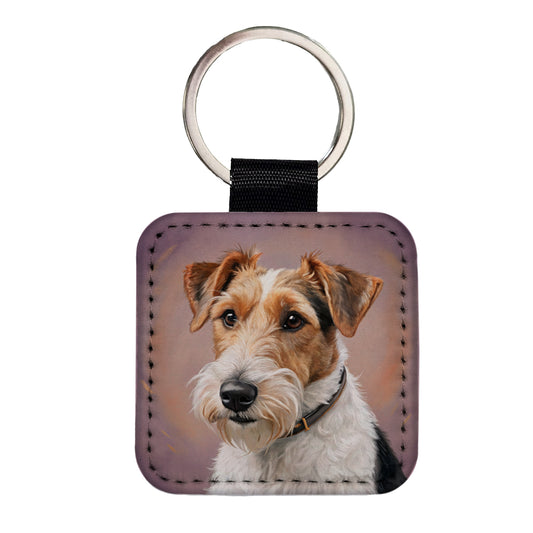 Wire Fox Terrier Dog Illustration Square Faux Leather Keychain