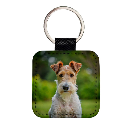 Wire Fox Terrier Dog Photo Square Faux Leather Keychain