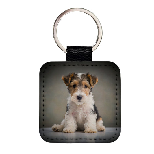 Wire Fox Terrier Dog Puppy Photo Square Faux Leather Keychain