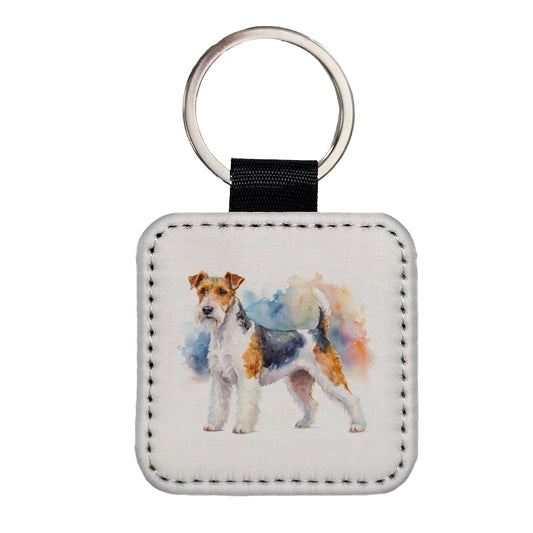 Wire Fox Terrier Dog Watercolor Style Square Faux Leather Keychain