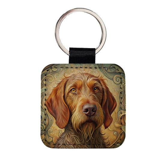 Wirehaired Vizsla Dog Art Nouveau Square Faux Leather Keychain