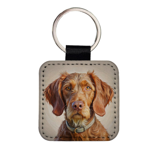 Wirehaired Vizsla Dog Illustration Square Faux Leather Keychain