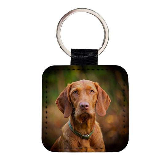 Wirehaired Vizsla Dog Photo Square Faux Leather Keychain